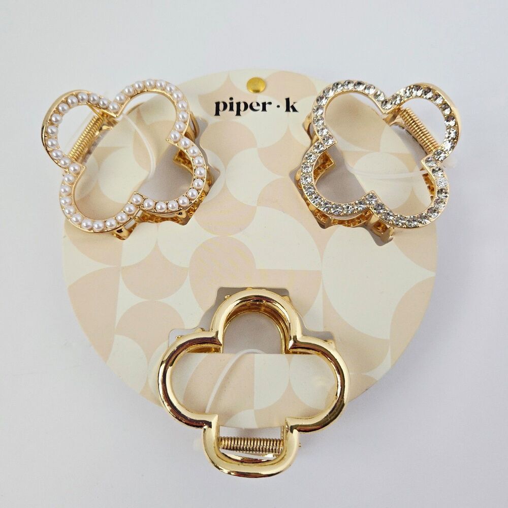 3 Pc Piper K Hair Clip Gold Tone Clover Shape Set Metal Jaw Clip Boho Elegant